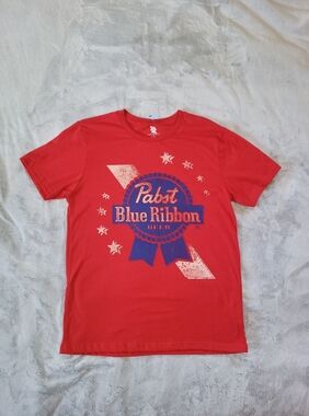 Pabst Blue Ribbon Beer Mens Medium PBR Crew Neck Short Sleeve Red Tshirt Unisex